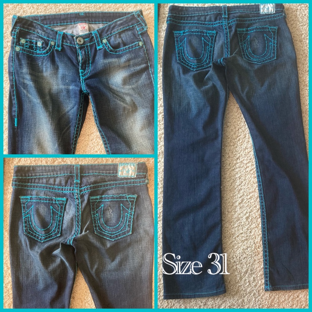 Blue denim True Religion Jeans with turquoise stitching